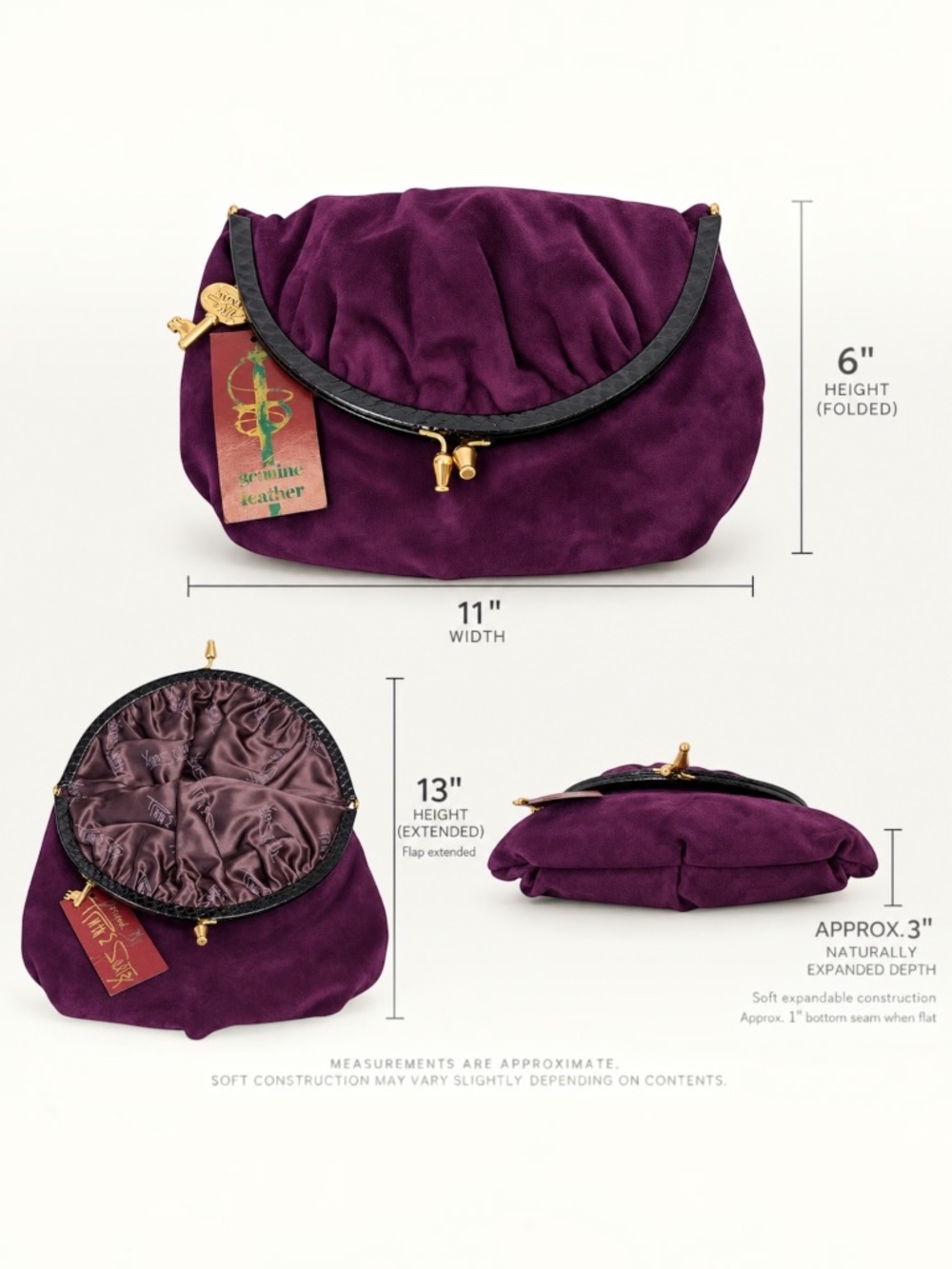 Vintage Ruth Saltz Plum Purple Suede Frame Clutch Half Moon Evening Bag Key Char